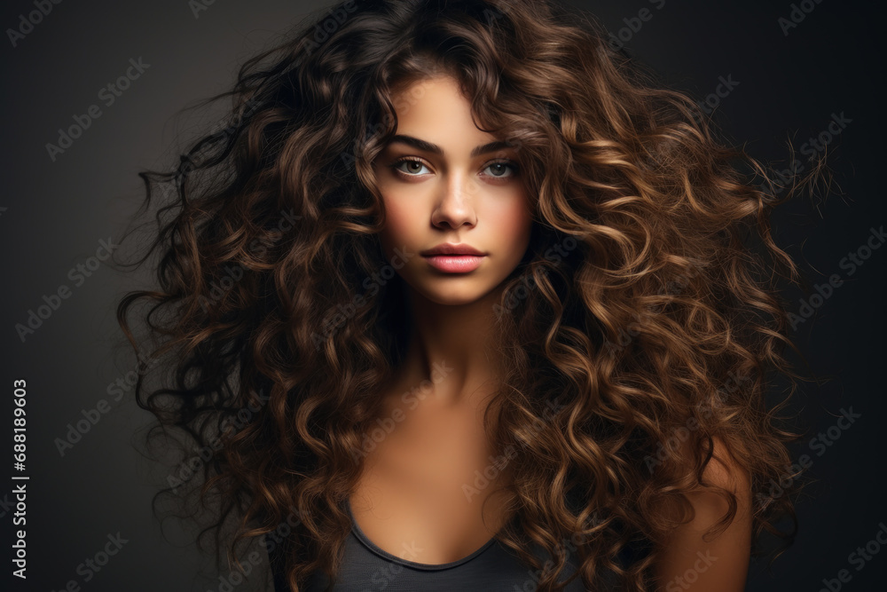 Beautiful young woman with long wavy hair on dark background. Face of girl model with stylish hairstyle, healthy skin. Concept of style, fashion, salon, studio, portrait Beautiful young woman with long wavy hair on dark background. Face of girl model with stylish hairstyle, healthy skin. Concept of style, fashion, salon, studio, portrait