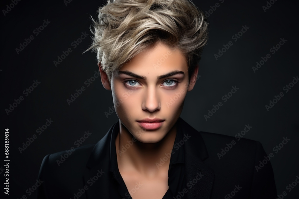 Young handsome man with short blond hair isolated on black studio background. Face of boy model wearing dark suit. Concept of style, fashion, beauty, male portrait, stylish hairstyle
