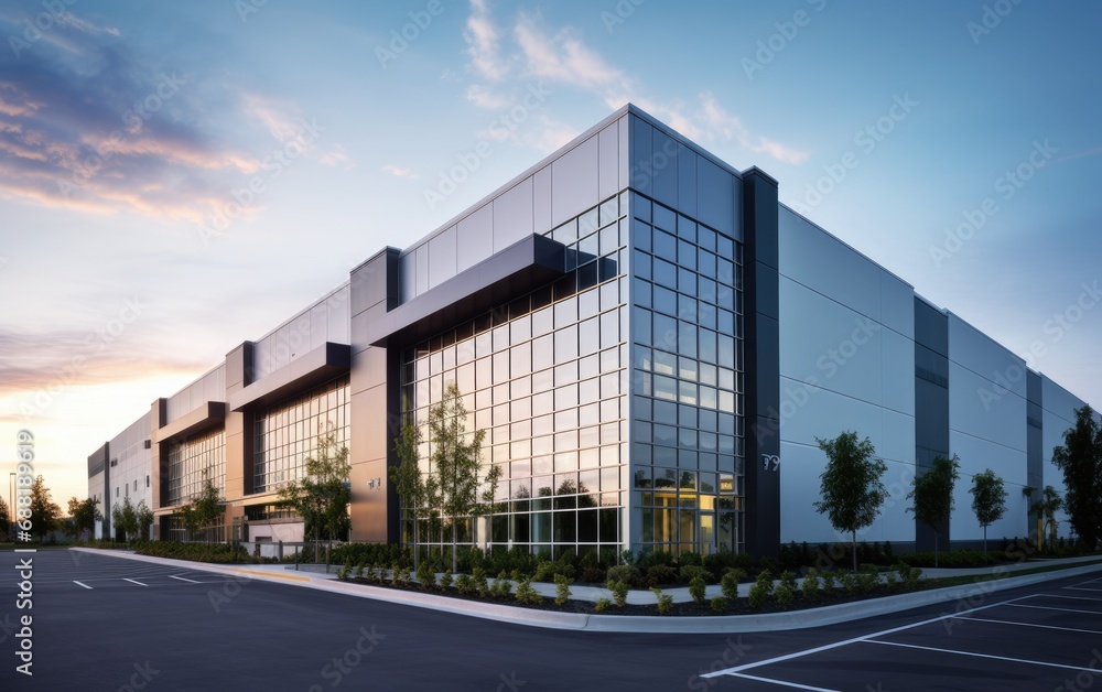 Modern sleek warehouse and office building exterior architecture