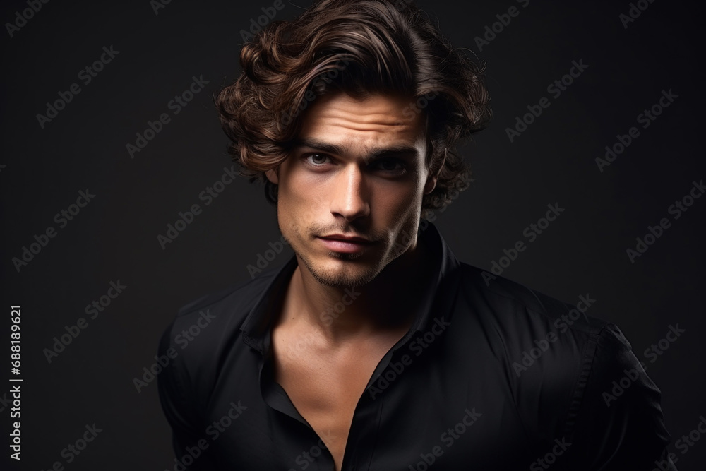Young man with dark wavy hair isolated on studio background. Face of handsome guy wearing black shirt. Concept of style, fashion, beauty model, male portrait, hairstyle, look