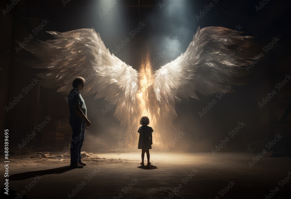 widok białego aniołe ze wielkimi skrzydłami nad młodym chłopcem - obrazy, fototapety, plakaty 