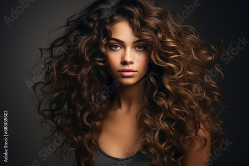Beautiful young woman with long wavy hair on dark background. Face of girl model with stylish hairstyle, healthy skin. Concept of style, fashion, salon, studio, portrait