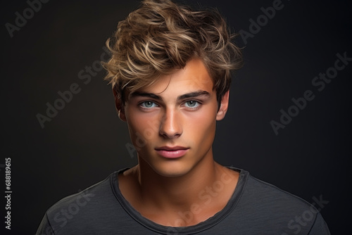 Young man model with short blond hair isolated on black studio background. Face of boy wearing dark t-shirt. Concept of style, fashion, beauty, handsome male portrait, stylish hairstyle