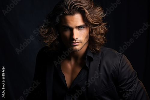 Young man model with long hair isolated on dark studio background. Face of handsome guy wearing black suit. Concept of style, fashion, beauty, male portrait, stylish hairstyle