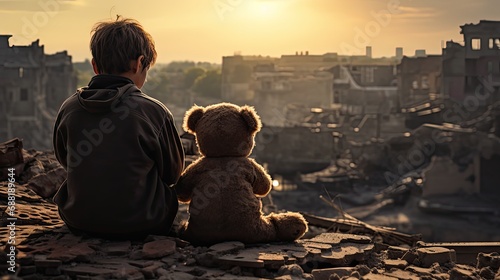 widok misia i przyjaciela nad zniszczonym miastem po wojnie i konflikcie militarnym