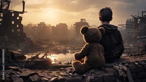 widok misia i przyjaciela nad zniszczonym miastem po wojnie i konflikcie militarnym