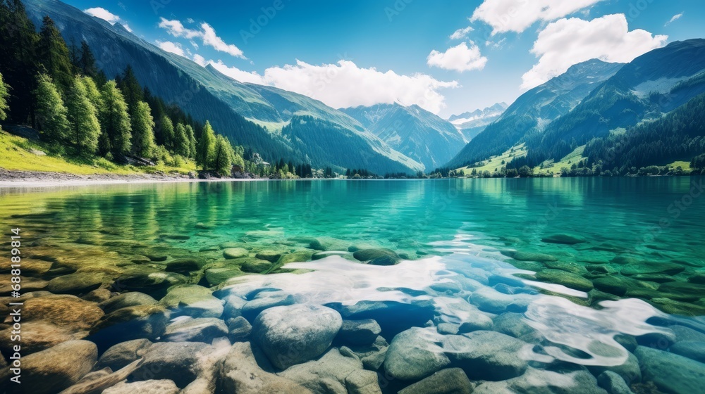 A stunning and captivating view of a fairy-tale-like mountain lake nestled in the Austrian Alps. The breathtaking scene captures a panoramic view