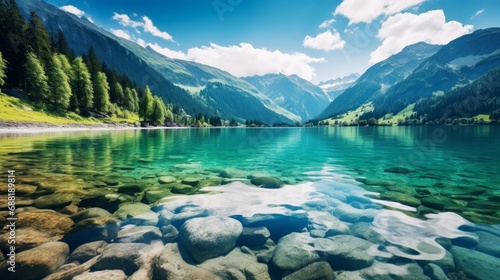 A stunning and captivating view of a fairy-tale-like mountain lake nestled in the Austrian Alps. The breathtaking scene captures a panoramic view © Chingiz
