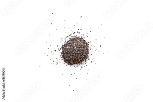 Closeup of organic dry chia seeds isolated on a transparent background from above with shadows, top view
