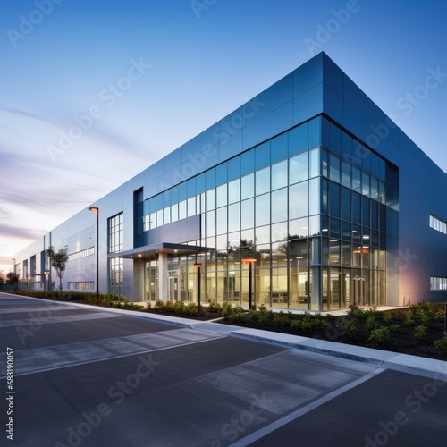 Modern sleek warehouse and office building exterior architecture