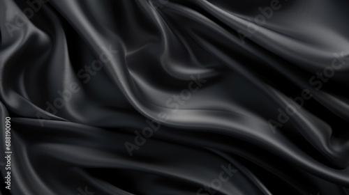 Beautiful background luxury cloth with drapery and wavy folds of black silk satin material texture. Abstract monochrome dark luxurious fabric background