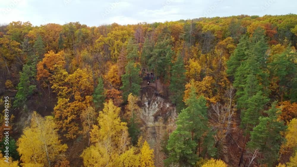Autumn viewing point on Cossack mountain, aerial dolly in view of colorful forest. Korobovy Hutora (Koropove village) on Siverskyi Donets River in Ukraine Autumn viewing point on Cossack mountain, aerial dolly in view of colorful forest. Korobovy Hutora (Koropove village) on Siverskyi Donets River in Ukraine