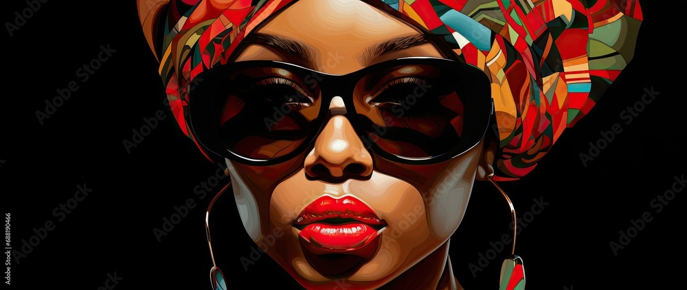 afro kobieta z czerwonymi ustami i kolorowymi okularami w stylu rege - obrazy, fototapety, plakaty 