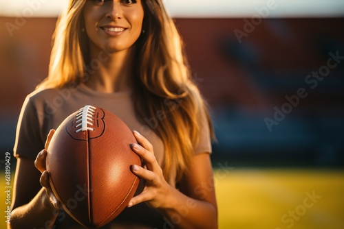 Smiling woman holding an American football ball. A charming young girl with long brown hair wearing a T-shirt stands in the arena with an American football ball.