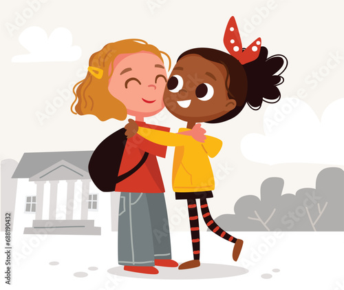 Best friends. Little girls hugging. Two cute teenage girls. Happy school kids.