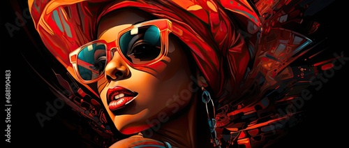 afro kobieta z czerwonymi ustami i kolorowymi okularami w stylu rege