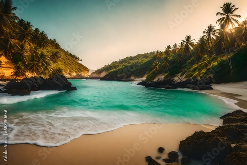 A serene beach with golden sands and emerald waters