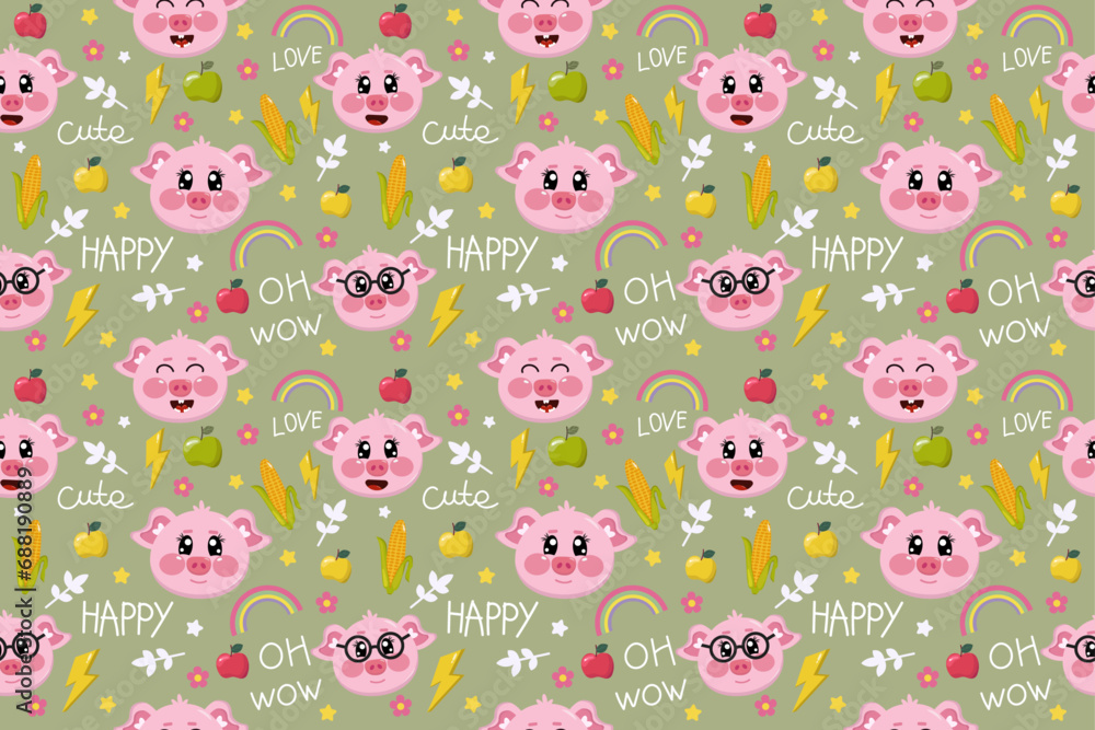 Seamless pattern with cute kawaii pigs with rainbow, apple, corn, flowers, stars and lightning