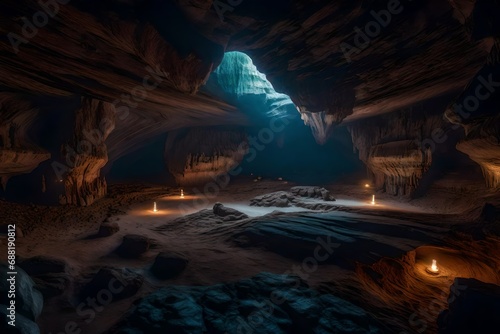 A vast underground cave chamber with intricate rock formations