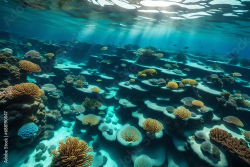 The play of light and shadow on the ocean floor of a coral atoll