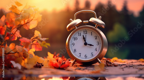 Daylight saving time ends. Alarm clock on beautiful nature background with summer flowers and autumn leaves. Summer time end and fall season coming. Clock turn backward to winter time. Autumn equinox photo