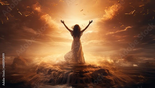 kobieta unosząca ręce i medytująca, pełna wolności szczęścia i radości. 