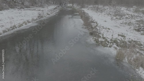 River Creek frozen with snow and ducks