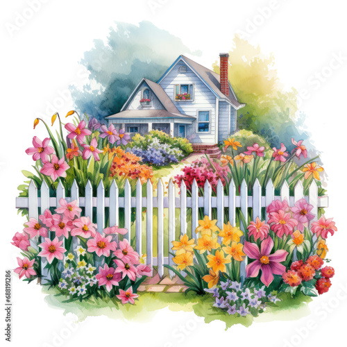 A charming spring garden with a white picket fence and a mix of colorful flow...