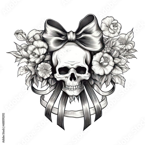 skull with flowers and empty ribbon isolated