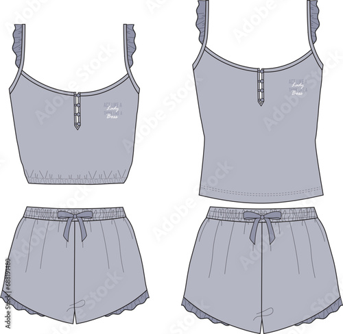 Pyjamas set drawing. Lingerie set drawing. Frills details. Shorts and top drawing. Cropped tank top and shorts. Jersey sporty set. Vector technical sketch. Mockup template. pajama girl and woman.