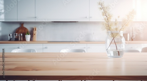 isolated wooden kitchen table in abstract white interior with clear glass,