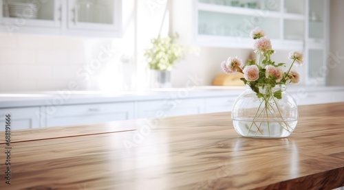 isolated wooden kitchen table in abstract white interior with clear glass,