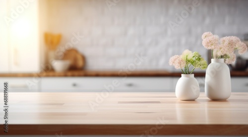 isolated wooden kitchen table in abstract white interior with clear glass,