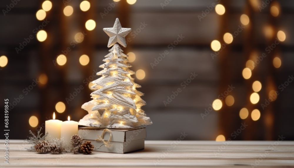 shabby chic holiday tree on a wooden table, a candlelight in the background,