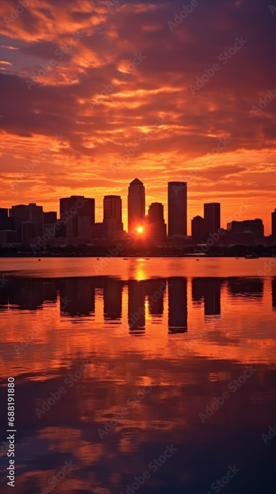 A breathtaking photo of a city skyline at sunset, with warm spring colors painting the sky