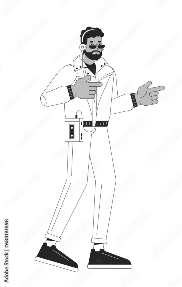 Cassette player listening headphones black and white cartoon flat illustration. African american man 80s finger guns 2D lineart character isolated. Nostalgia monochrome scene vector outline image