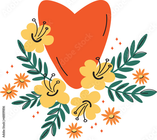Heart and flowers background for text. Hand drawn flat vector illustration for congratulations on Valentine's Day, Mother's Day, Birthday, love. Festive design for card, poster, print, paper, template