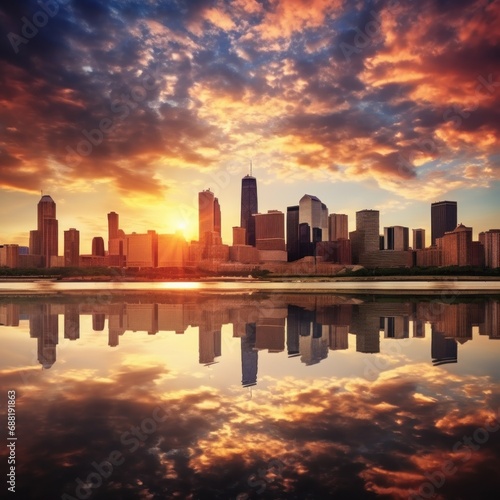 A breathtaking photo of a city skyline at sunset  with warm spring colors painting the sky