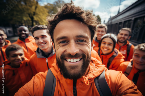 A cheerful coach takes a selfie with his teenage students. The concept of sport, friendship and healthy lifestyle. Group of happy people taking selfie outdoors photo