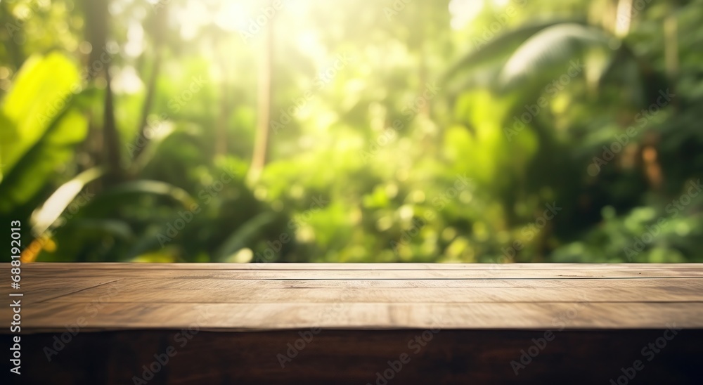 this is a wood table in the corner of a green lush tropical jungle, - obrazy, fototapety, plakaty 