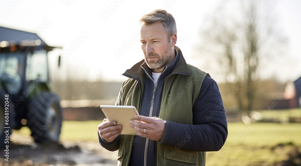 tractor driver wearing jacket standing in field holding a tablet, tractor driver wearing jacket standing in field holding a tablet,