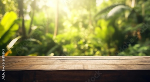 this is a wood table in the corner of a green lush tropical jungle,