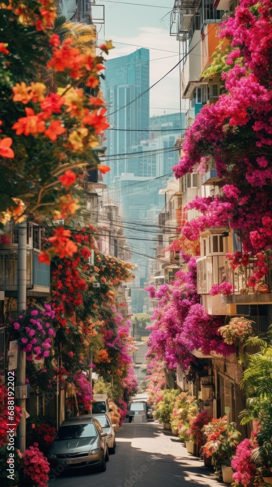 A captivating shot of a city street transformed into a lush jungle oasis