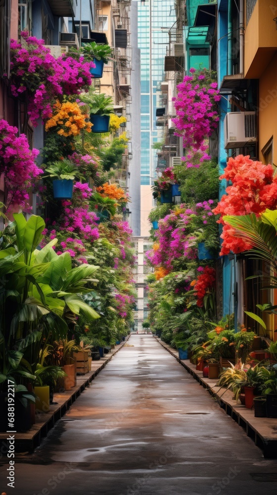 A captivating shot of a city street transformed into a lush jungle oasis