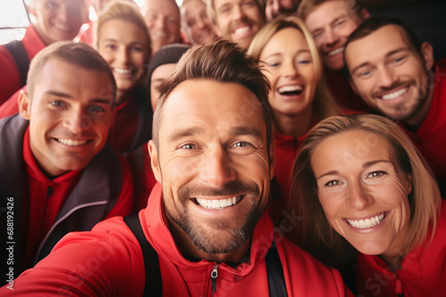 Cheerful coach taking selfie with his pupils. The concept of sport, friendship and healthy lifestyle. Group of happy people taking selfie outdoors.