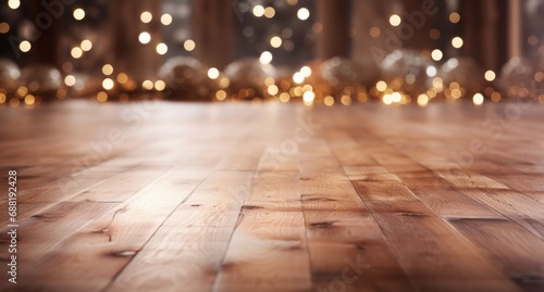 wood floor background with christmas decorations and lights 