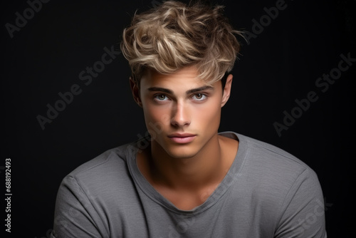 Young man with short blond hair isolated on studio background. Face of strong handsome boy wearing gray t-shirt. Concept of style, fashion, beauty model, male portrait, stylish hairstyle