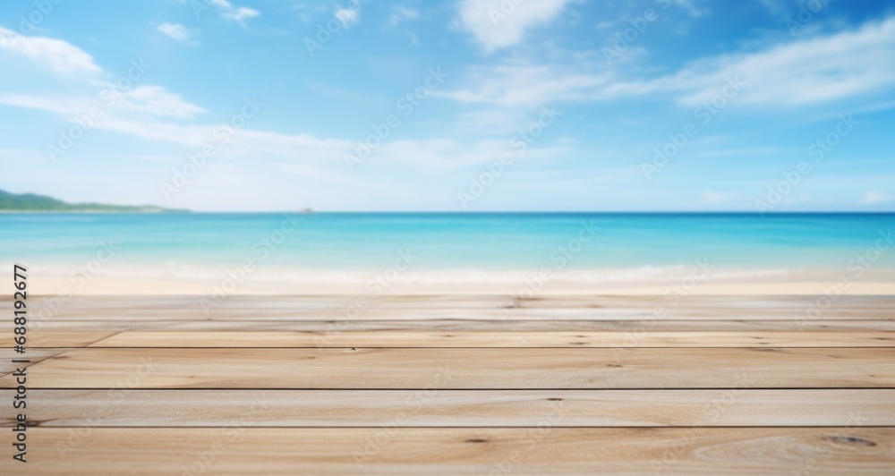 wooden table at the beach overlooking the ocean with blue sky wooden table at the beach overlooking the ocean with blue sky