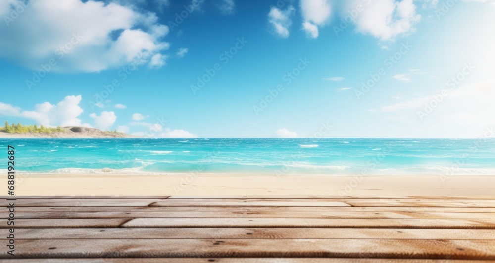 wooden table at the beach overlooking the ocean with blue sky wooden table at the beach overlooking the ocean with blue sky