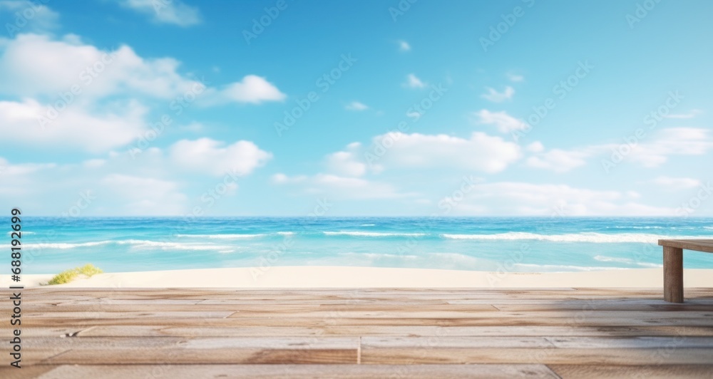 Fototapeta premium wooden table at the beach overlooking the ocean with blue sky
